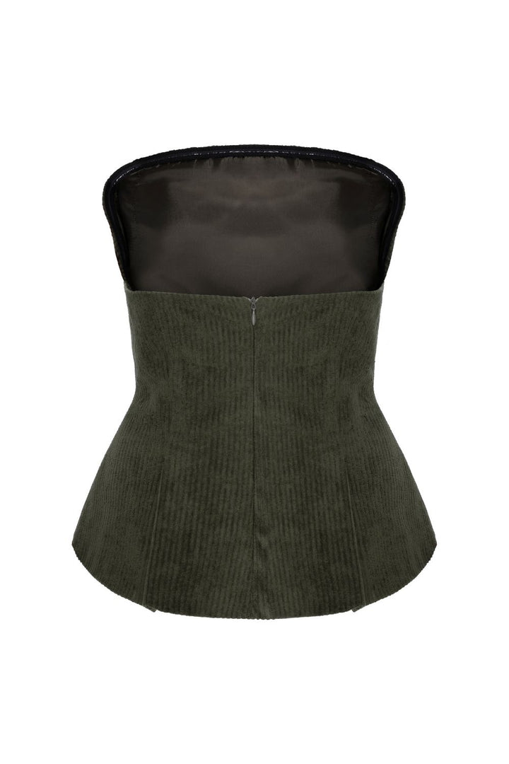 Fitilli Kadife Straplez Bluz Haki Yeşil