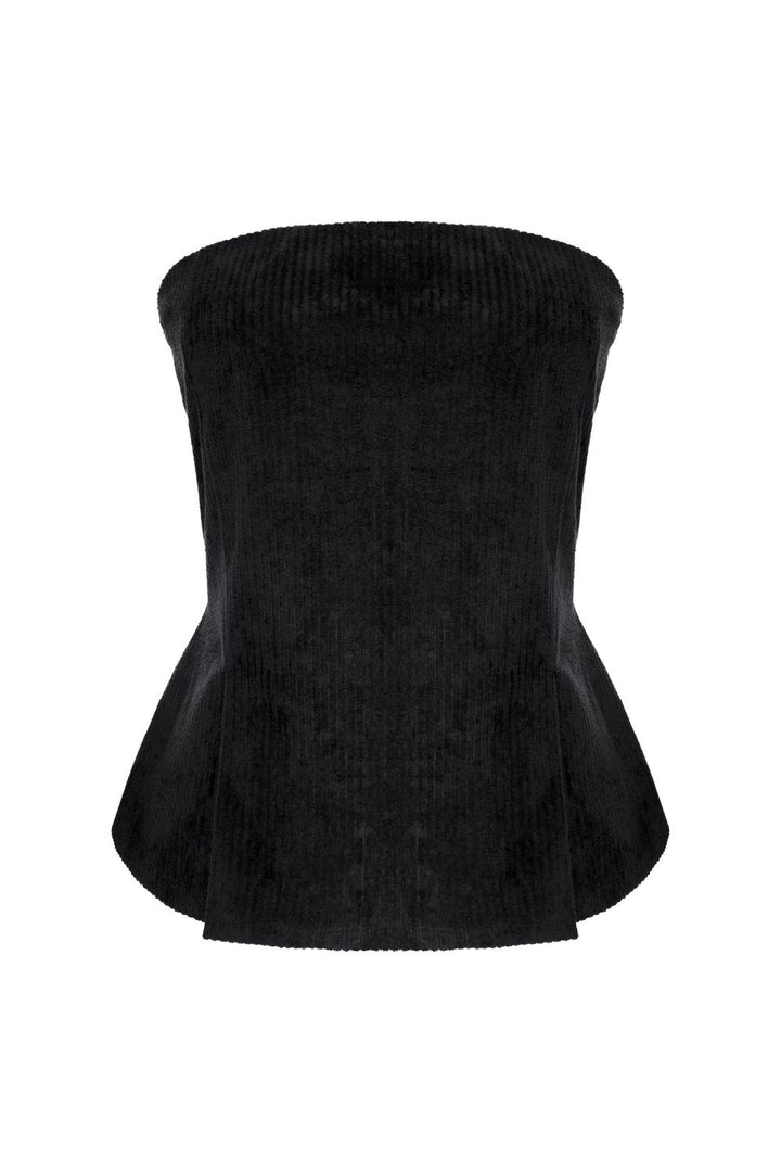 Fitilli Kadife Straplez Bluz Siyah