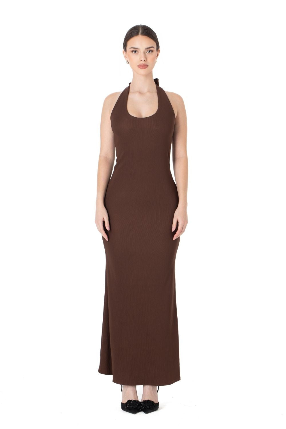 Fitilli Yaka Kahve Elbise