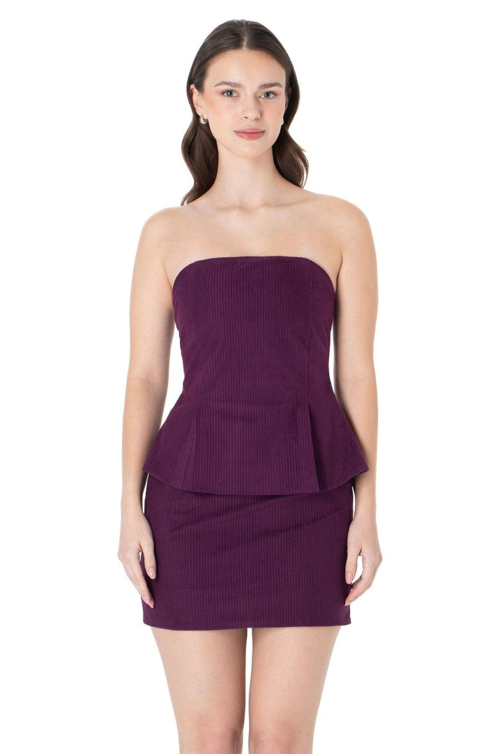 Fitilli Kadife Bluz Etek Takım Mor