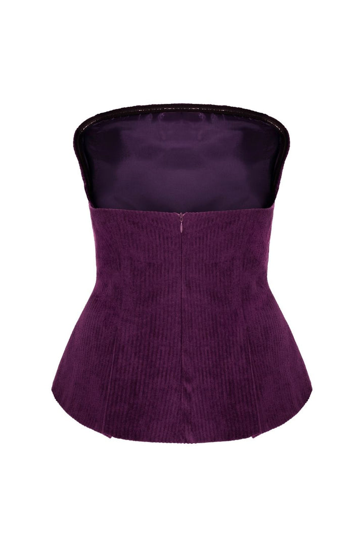 Fitilli Kadife Straplez Bluz Mor