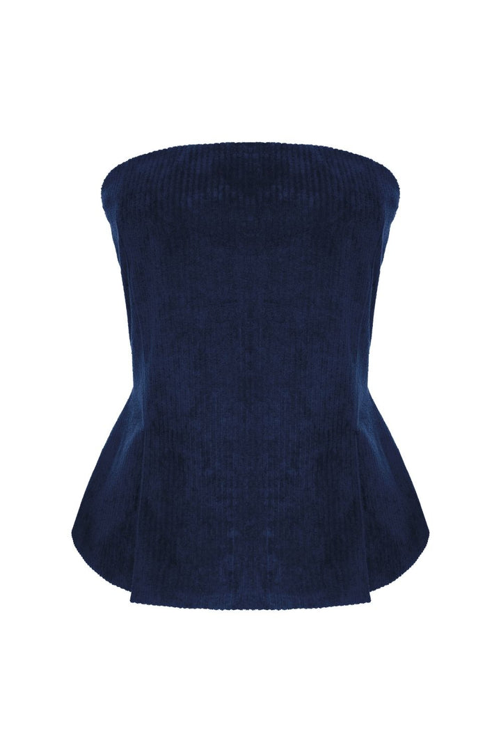 Fitilli Kadife Straplez Bluz Lacivert