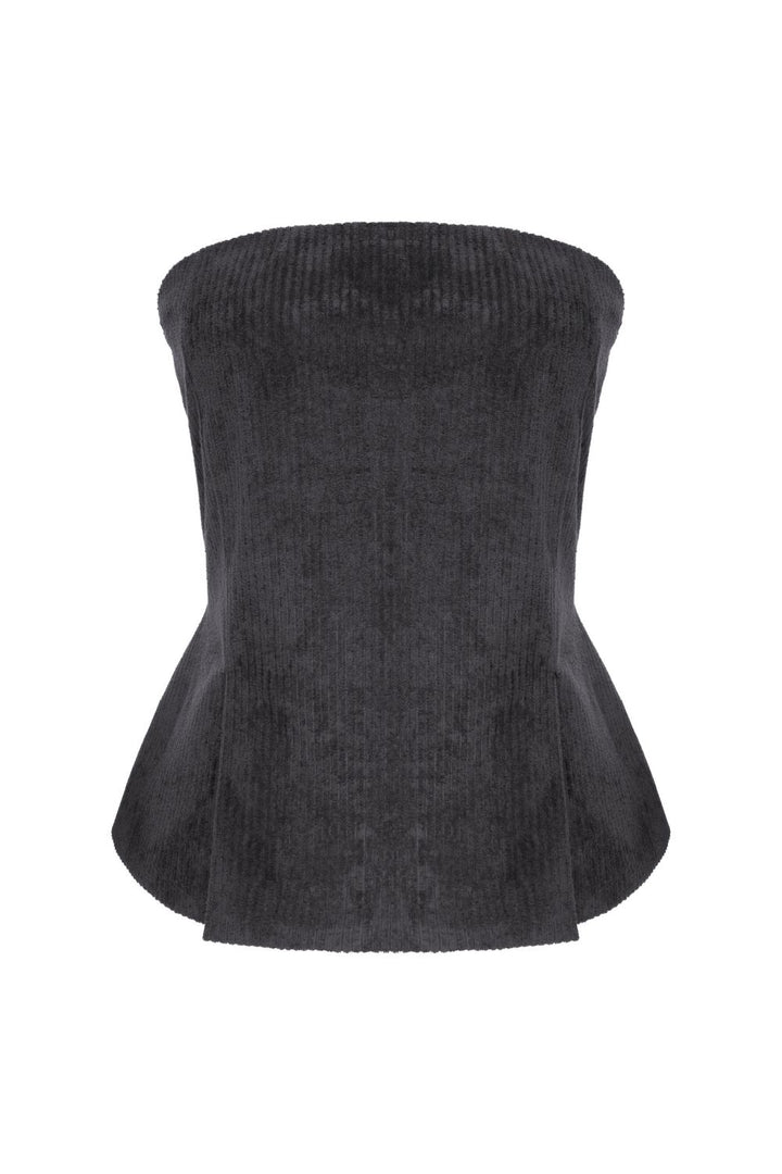 Fitilli Kadife Straplez Bluz Gri