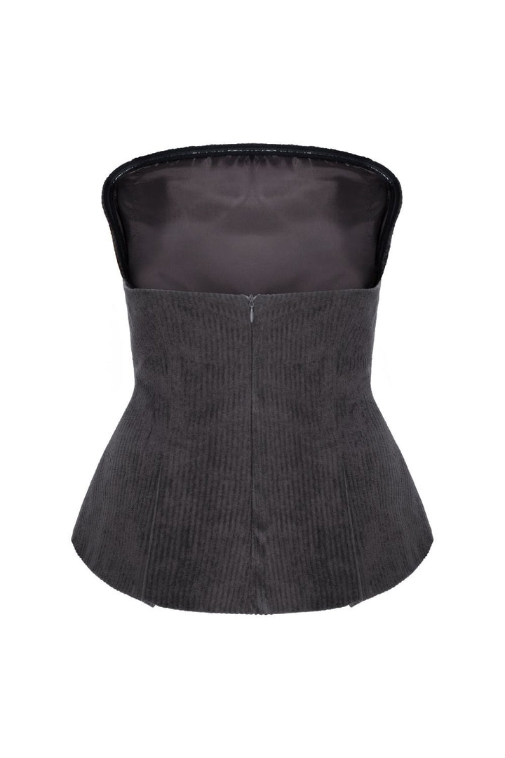 Fitilli Kadife Straplez Bluz Gri