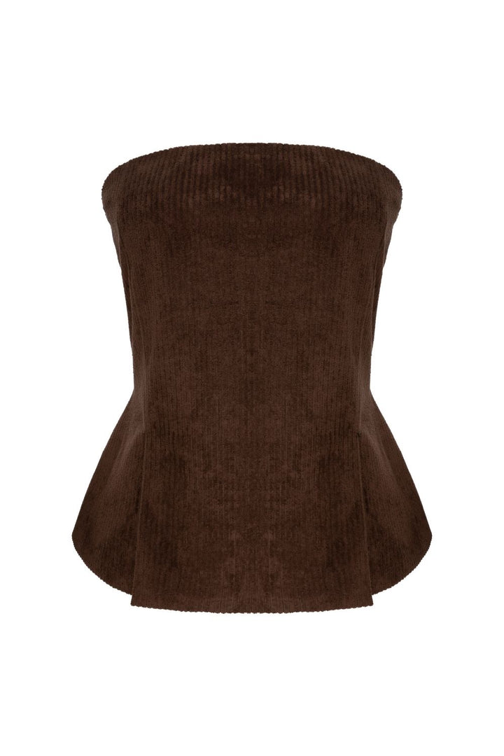 Fitilli Kadife Straplez Bluz Kahve