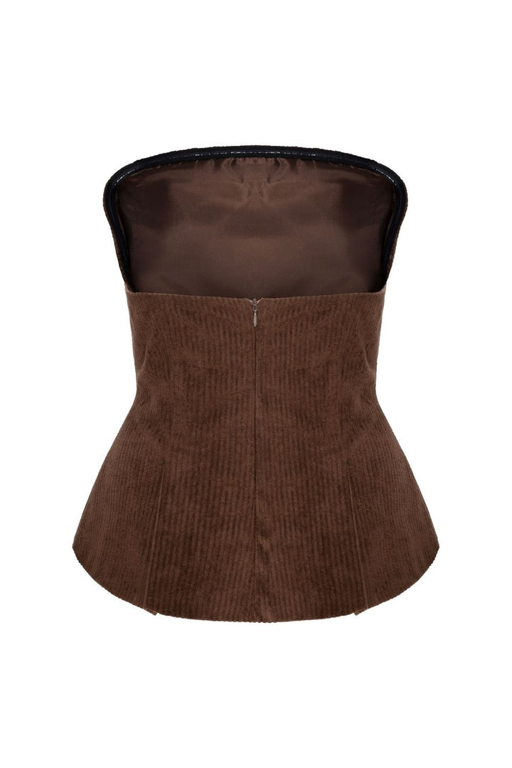 Fitilli Kadife Straplez Bluz Kahve