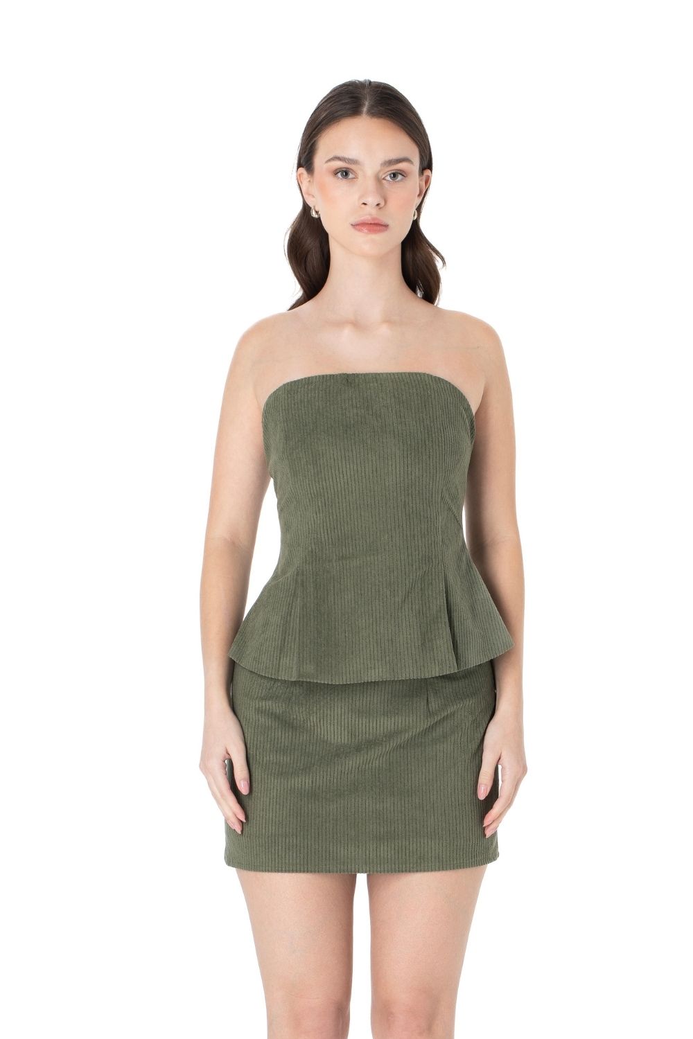 Fitilli Kadife Bluz Etek Takım Yeşil