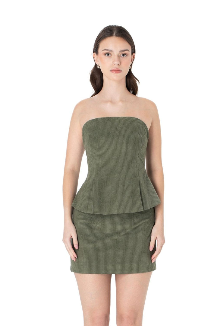 Fitilli Kadife Bluz Etek Takım Yeşil