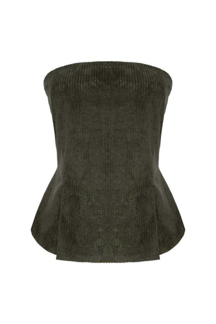 Fitilli Kadife Straplez Bluz Haki Yeşil