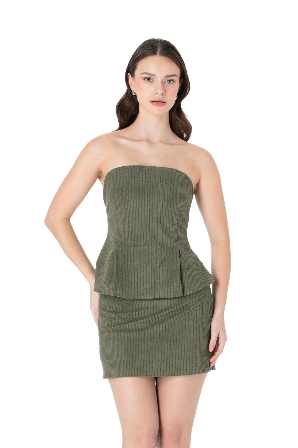 Fitilli Kadife Bluz Etek Takım Yeşil