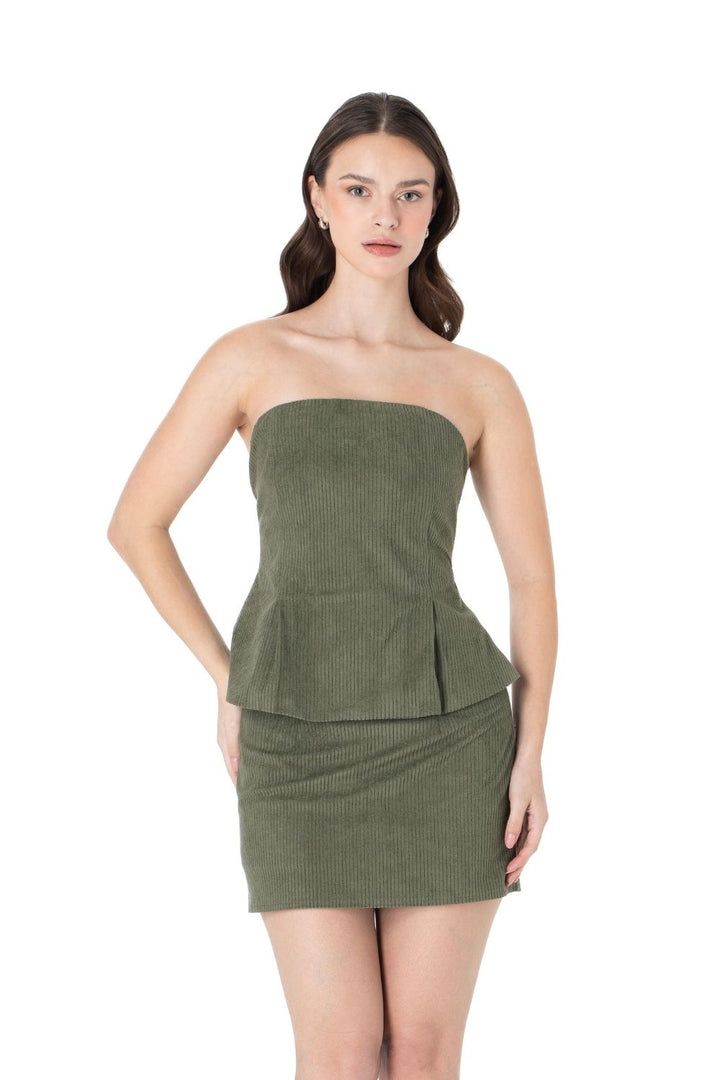 Fitilli Kadife Bluz Etek Takım Yeşil